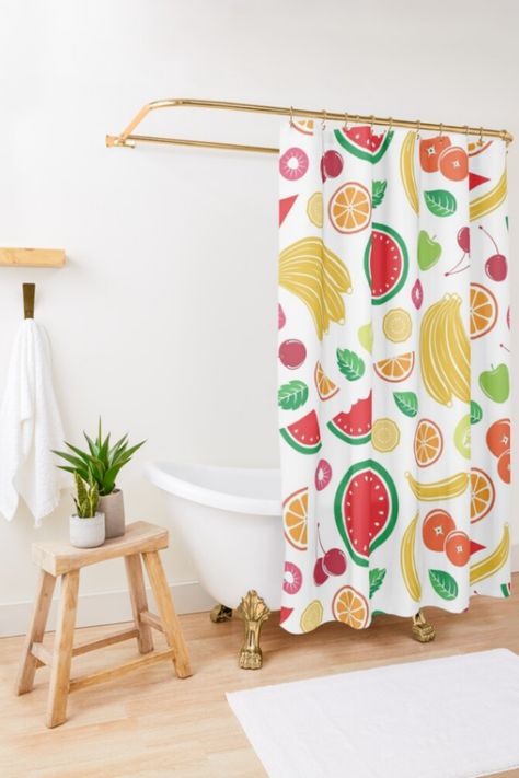 Own This Mixed Fruit Shower Curtain Now! Fruit Themed Bathroom Ideas, Fruity Bathroom Decor, Fruit Shower Curtain, Fruit Theme Bathroom, Fruit Bathroom Decor, Fruit Bathroom Theme, Fruity Bathroom, Fruit Furniture, Fruit Bathroom