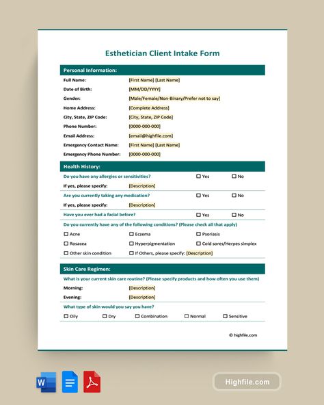 Esthetician Client Intake Form - Word | PDF | Google Docs - Highfile Client Intake Form, Intake Form, Skincare Habits, Contact Names, Free Skincare, Emergency Contact, Beauty Goals, Skin Care Treatments, Google Docs