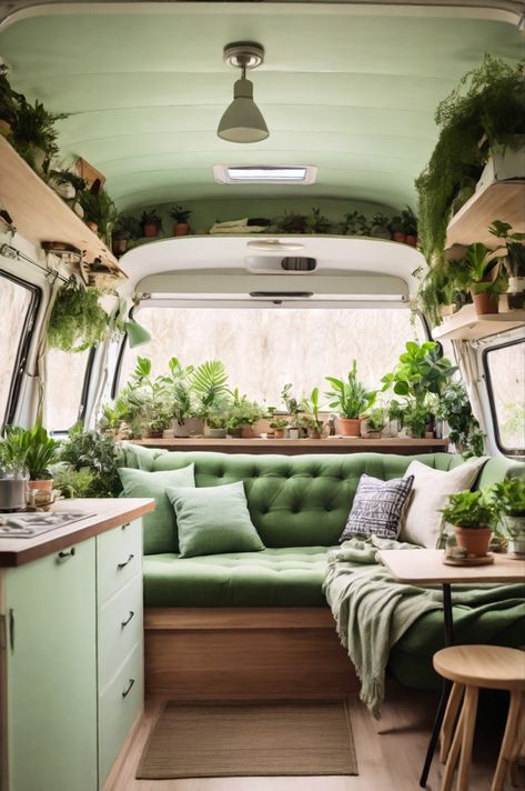 Green Van Interior, Green Camper Interior, Small Van Life Interior, Camper Van Ideas, Small Camper Interior Ideas, Camper Interior Ideas, Small Camper Interior, Small Camper Vans, Small Camper