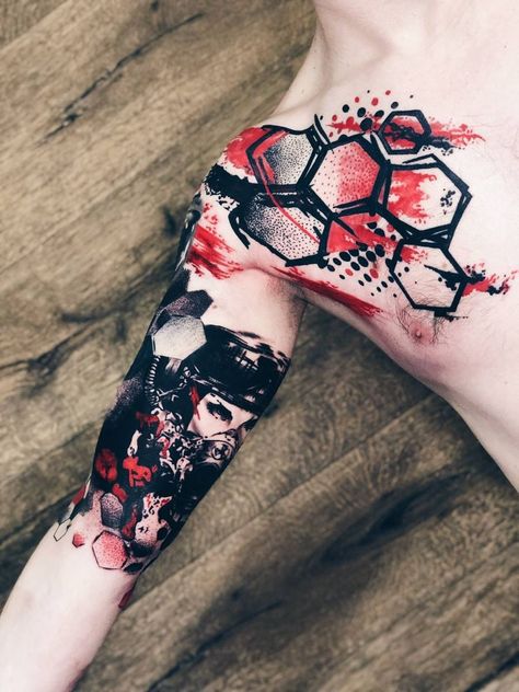 Тату Trash Polka Geometric Tattoo, Red Tattoo Sketch, Trash Polka Sketch, Trash Polka Elements, Trash Polka Sleeve, Arte Trash Polka, Black Red Tattoo, Tatuaje Trash Polka, Trash Polka Tattoos