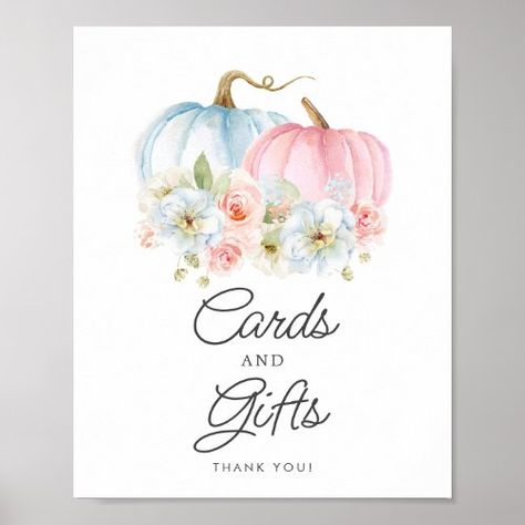 $9.80 | Fall Gender Reveal Cards and Gifts Baby Shower #gender reveal baby shower, pink and blue, boy or girl, elegant fall theme, fall baby shower, blue and pink floral, he or she, pink and blue pumpkins, baby shower signs, cards and gifts sign Pumpkin Gender Reveal, Gender Reveal Cards, Gender Reveal Gifts, Gender Party, Gender Reveal Decorations, Blue Pumpkins, Gifts Baby, Baby Shower Fall, Fall Baby