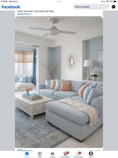 Living Room Designs Pastel Colors, Sky Blue Couch Living Room, Living Room Light Blue Couch, Pastel Home Decor Living Room, Dusty Blue Living Room Decor, Light Blue And Grey Living Room, Soft Blue Room, Apartment Decorating Blue, Light Blue Living Room Color Scheme