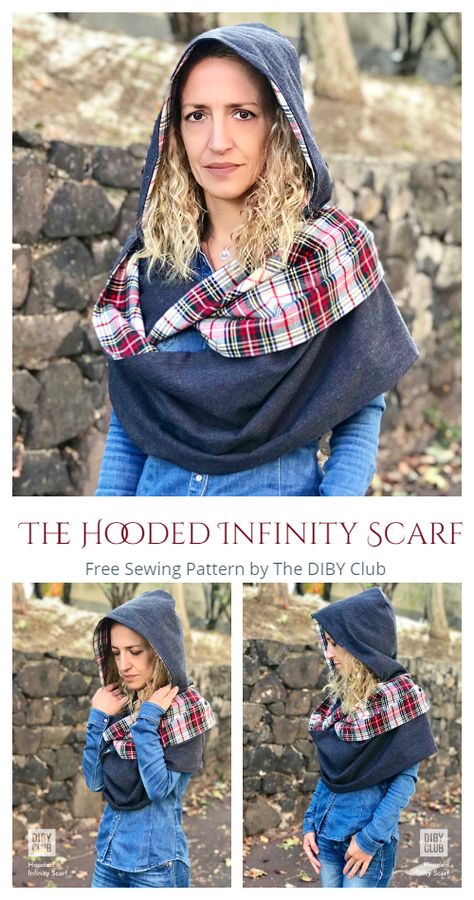 DIY Fabric Hooded Infinity Scarf Free Sewing Pattern Hood Pattern Sewing, Hooded Infinity Scarf, Scarves Diy, Hooded Cowl Pattern, Scarf Sewing, Fabric Art Diy, Scarf Sewing Pattern, Sewing Scarves, Diy Shawl