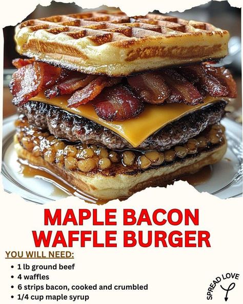 The Ultimate Maple Bacon Waffle Burger 🍔🧇 Who says burgers need buns? Meet the Maple Bacon Waffle Burger—a delicious twist combining crispy waffles, smoky bacon, juicy beef, and sweet maple syrup. This mouthwatering sweet-and-savory fusion is perfect for brunch or an indulgent meal! Ingredients: 2 large waffles (homemade or store-bought) 1 lb ground beef (2 patties) 4 slices crispy bacon 2 slices cheddar cheese 2 tbsp maple syrup 1 tbsp butter (for greasing) Salt & pepper (to taste) Optiona...