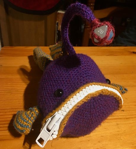 Ravelry: QuidnuncQuixotic's Angler Fish Dice Bag Weird Amigurumi, Crochet Dice Bag Pattern Free, Crochet Angler Fish Free Pattern, Crochet Angler Fish, Angler Fish Crochet Pattern, Anglerfish Crochet, Dnd Crochet, Dnd Dice Bag Crochet Pattern, Dice Bag Crochet Pattern