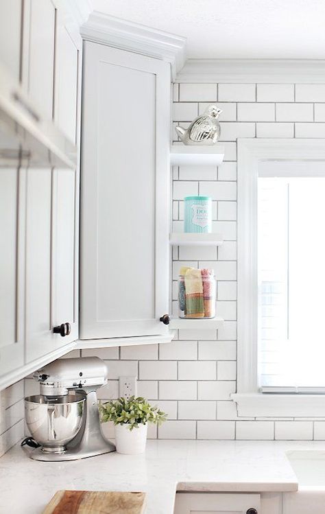 10 Spots to Hang Floating Shelf in the Kitchen — The Kitchn Shelves Under Tv, Kitchen Window Shelves, Countertop Concrete, Kitchen Floating Shelves, Floating Shelves Bedroom, Floating Shelves Living Room, Floating Shelves Kitchen, Floating Corner Shelves, White Floating Shelves