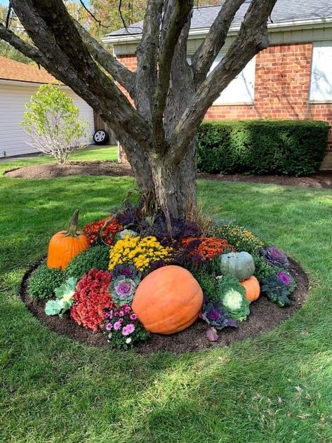 16 Fall Decor Ideas for the Garden » Lady Decluttered Front Patio Fall Decor Ideas, Fall Displays Outdoor Front Yard, Fall Front Flower Bed Ideas, Front Yard Landscaping Fall, Fall Landscape Ideas Front Yards, Front Yard Pumpkin Display, Decorating With Pumpkins Outdoor, Fall Garden Decor Ideas, Fall Front Yard Decor