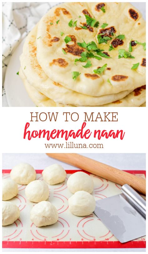 Homemade naan bread is soft, chewy, and simply delicious. It's an easy side, perfect for pairing with any meal. #naan #naanbread #naanrecipe #bread Best Easy Banana Bread, Easy Naan Recipe, Easy Naan, Homemade Naan, Homemade Naan Bread, Homemade Bread Recipe, Recipes With Naan Bread, Homemade Goodies, Naan Recipe