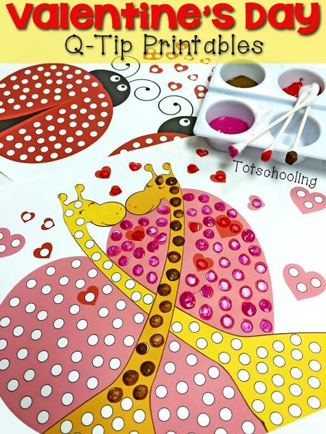 Valentine's Day Q-Tip Printables                                                                                                                                                                                 More Qtip Painting, Painting Valentines, Valentine's Printables, Q Tip Painting, February Crafts, Valentine's Day Crafts For Kids, February Valentines, Preschool Valentines, Printables For Kids