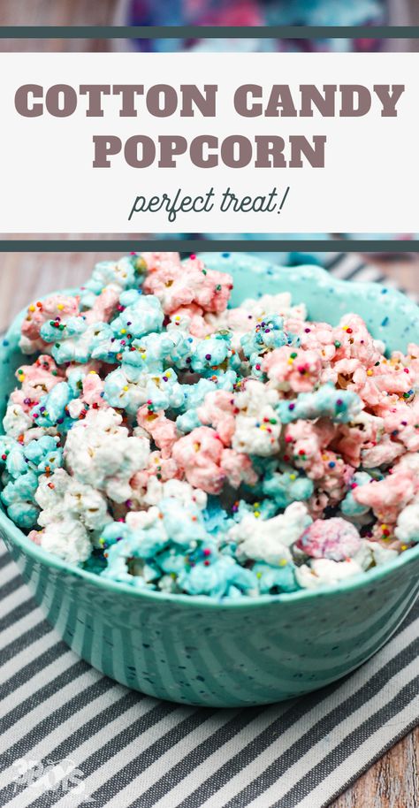 This Cotton Candy Popcorn Recipe is calling your name! The fun colors and flavor make this simple gourmet popcorn recipe a must! Confetti Popcorn Recipe, Blue Popcorn Recipe, Colored Popcorn Recipe, Cotton Candy Recipes, Fancy Popcorn, Candy Popcorn Recipe, Cotton Candy Recipe, Gourmet Popcorn Recipes, Cotton Candy Popcorn