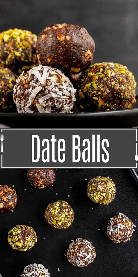 These healthy date balls from Home. Made. Interest. are an all-natural, sweet, chocolatey snack that is totally delicious. Make these chocolate date balls with just 3 simple ingredients and have a healthy snack ready any time. You can even roll them in chopped nuts or coconut for extra flavor and texture! Date Nut Balls Recipe, Date Balls Recipe, Date Protein Balls, Balls Dessert, Date Recipes Healthy, Bars Recipes Healthy, Date Balls, Healthy Oatmeal Cookies, Healthy Protein Snacks