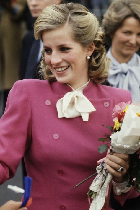 Face, Nose, Human, Mouth, Hairstyle, Collar, Formal wear, Bouquet, Jewellery, Blazer, Princess Diana Hair, French Twist Updo, Princess Diana Photos, Princess Diana Pictures, Diana Fashion, Big Curls, Lady Diana Spencer, Diana Spencer, Princesa Diana