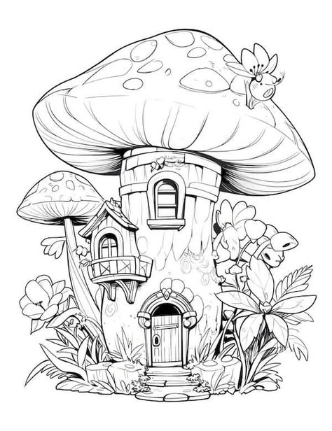 Mushroom House Coloring Pages, Mushroom House Drawing, House Coloring Pages For Adults, Fairy House Drawing, Fun Coloring Pages For Kids, Fairy Scene, Fairy Toadstool, House Coloring Pages, Mushroom Houses