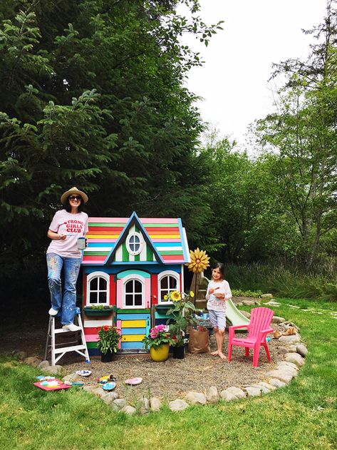 around these parts House Paint Ideas, Painted Playhouse, Fence Painting, Alisa Burke, Build A Playhouse, Cubby House, Outdoor Play Area, Rainbow Paint, Playhouse Outdoor