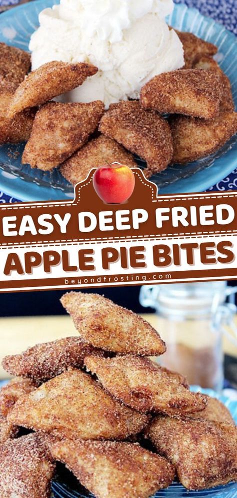 Deep Fried Apple Pie Bites, fall, apple recipes, desserts, sweet treats Deep Fried Fair Food, Fried Apple Pie, Deep Fried Desserts, Deep Fryer Recipes, Deep Fried Recipes, Fried Apple Pies, Fried Dessert, Excited For Fall, Apple Pie Bites