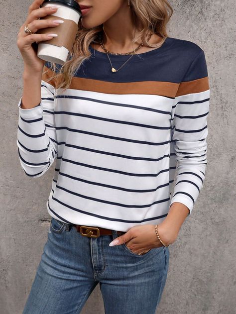 SHEIN LUNE Striped Print Colorblock TeeI discovered amazing products on SHEIN.com, come check them out! Color Block Tee, Weekend Style, Loungewear Set, Fashion Mode, Capri Leggings, Striped Tee, Graphic Tees Women, Hoodie Dress, Top Casual