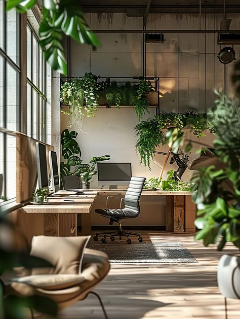 Artistic Office Space Types Of Indoor Plants, Artistic Office, Nature Office, Wooden Desks, Zen Office, Commercial Office Design, Inspirational Digital Art, Office Background, Door Images