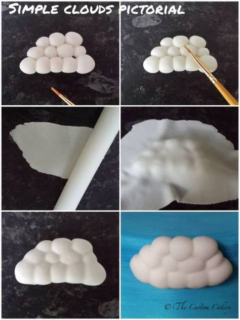 Hello all I’ve made clouds on two cakes recently and wasn’t happy with the first so tried a different technique. I’m certainly not the first to use it I’m sure but I made a simple photo tutorial for the people who follow my facebook page so... Diy Frosting, Cloud Cake, Frosting Techniques, Unicorn Birthday Cake, Cake Topper Tutorial, Fondant Cake Toppers, Fondant Tutorial, Fondant Decorations, Fondant Figures