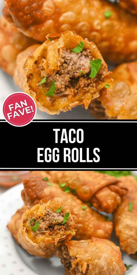 These Taco Egg Rolls are the perfect fusion recipe.  It combines the best of both worlds Asian and Mexican. They are a crispy and flavorful appetizers. Eggroll Wraps Recipes, Egg Roll Flavors, Mexican Eggroll, Gf Egg Rolls, Easy Eggroll Ideas, Egg Roll Tacos, Sweet Potato Egg Rolls, Cuban Egg Rolls, Types Of Egg Rolls