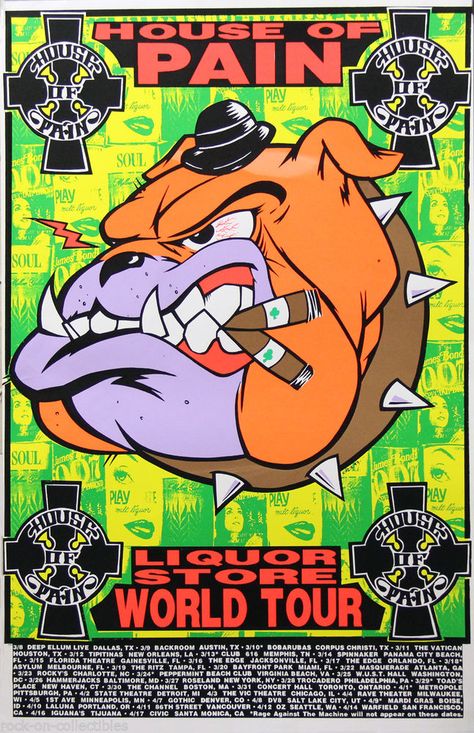 Frank Kozik 1993 House of Pain Liquor Store World Tour Silkscreen Poster Rare #PopArt #kozik Hip Hop Posters, Frank Kozik, House Of Pain, Rage Against The Machine, Lowbrow Art, Concert Poster, Tour Posters, Rock Posters, New Rock