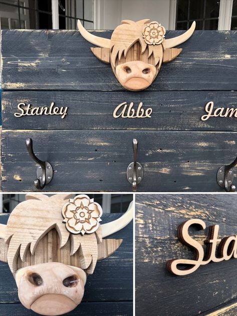 Higland Cow coat rack personalised for a client Peoples Faces, Scroll Saw Patterns Free, Wood Art Projects, Air Dry Clay Projects, Diy Wooden Projects, Scrap Wood Projects, Carving Art, Laser Engraved Wood, Reclaimed Timber