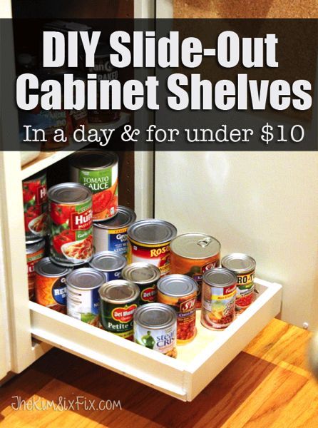 How to build your own pull out cabinet shelves or drawers to help give you access to the back of your cabinets. Slide Cabinet, Pantry Diy, Diy Slide, Custom Shelves, Diy Slides, Pull Out Cabinet, Cabinet Shelves, Shelves Kitchen, Pull Out Shelves