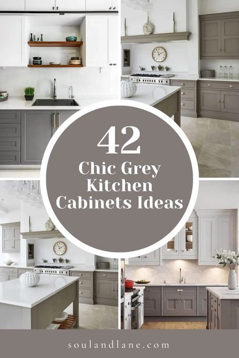 From light dove greys that brighten your kitchen to deep charcoals that add dramatic flair, discover the versatility of grey in creating a contemporary and inviting cooking area. Learn how to pair grey cabinets with different countertop materials, backsplash designs, and hardware finishes for a cohesive look that's both modern and timeless. These inspirations will guide you in crafting a kitchen that's not just a place for meals but a centerpiece of your home's style. Light Grey Kitchen Cabinets With Dark Countertops, Kitchen Inspo Gray Cabinets, Cabinet Hardware For Gray Cabinets, Light Gray Cabinets White Countertops, Light Grey Kitchen Cabinets With White Quartz Countertops, Grey Cabinet White Countertop, Light Grey Kitchen With Island, Light Grey Painted Kitchen Cabinets, Grey Color Kitchen Ideas