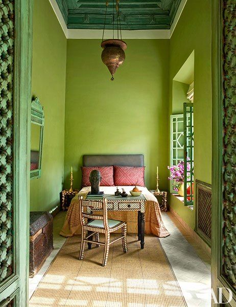 An 18th-century home in Marrakech is beautifully transformed into an airy family retreat Brass Bedroom, Green Walls, Bedroom Photos, Design Hotel, Tiny Bedroom, Green Interiors, Green Rooms, Bedroom Green, Architectural Digest