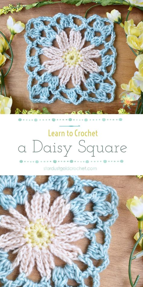 Daisy Square Tutorial | Crochet Video Tutorial for Beginners | Stitch Explorers Series – Stardust Gold Crochet Daisy Granny Square Tutorial, Crochet Daisy Granny Square, Daisy Square, Daisy Granny Square, Motifs Granny Square, Sunburst Granny Square, Granny Square Tutorial, Gold Crochet, Granny Square Crochet Patterns Free