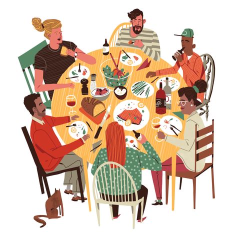 Illustration by Drew Bardana Pancake Drawing, Pie Drawing, Friends Illustration, Art Friend, Drawings Of Friends, Family Illustration, Dinner With Friends, People Illustration, Kitchen Cooking