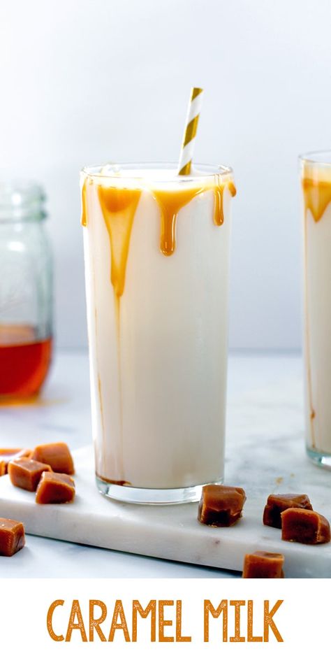 Caramel Milk -- This homemade Caramel Milk is a simple and delicious treat that uses a caramel syrup instead of caramel sauce for easy stirring and extra sweet and buttery flavor impact. It's a flavored milk that will be loved by both kids and adults! via @wearenotmartha Flavored Milk Recipes, Almond Milk Drinks, Caramel Drinks, Fall Sweets, Milk Tart, Easy Caramel, Caramel Bits, How To Make Caramel, Homemade Syrup