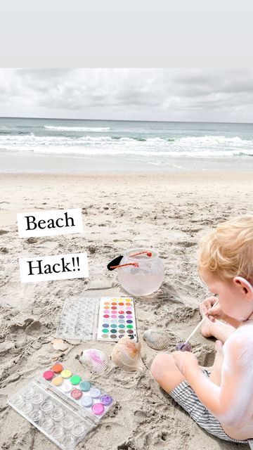 Motherhood | Mandy Roberson on Instagram: "Headed to the beach this summer with kids? Pack some water color paints in your beach bag! After your kids collect shells, just fill up a bucket with water and they can paint them right there on the beach! It doesn’t get much more fun than that! I learned this hack from @alex_a_jeffries ! #beachhacks #momhacks #momhack #travelwithkids #kidsactivities #toddleractivities #toddlercrafts" Art To Do At The Beach, Beach Day Essentials Kids, Best Beach Hacks, Kid Beach Hacks, Beach With Kids Hacks, Kids Beach Must Haves, Mom Beach Hacks, Kid Beach Activities, Beach Hacks With Kids