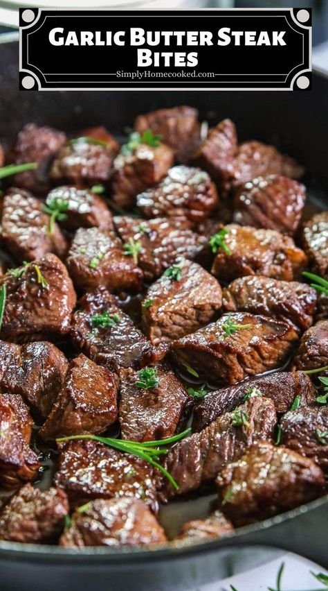 These Garlic Butter Steak Bites are full of flavor and incredibly savory. With a delicious cast-iron crust and cooked to perfection, these steak tips are going to be a hit at your dinner table. Braised Beef Recipes, Garlic Butter Steak Bites, Balsamic Steak, Butter Steak Bites, Ribeye Steak Recipes, Steak Bites Recipe, Garlic Steak, Butter Steak, Steak Tips