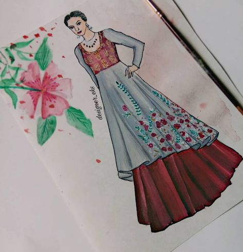 ❤❤❤❤floral embroided Anarkali ❤❤❤❤ . . . From @anjumodi . . .#fashionsketches #fashionartist #fashion4arts #fashionsketching… Lehenga Sketches, Female Croqui, Manual Illustration, Designing Dress, Indian Drawing, Designer Drawing, Fashion Model Sketch, Colour Rendering, Wedding Drawing