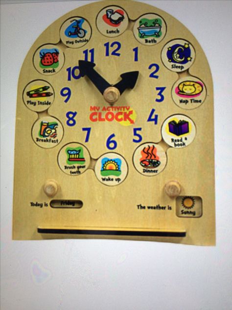 One of my favorite toys for the older toddlers and preschoolers. They can learn to tell time also month and day by keeping track of their activities for the day. One of many really cute and educational toys to promote the intellectual growth and maturity of our kids  Educationaltoysetc.com Middlebury Vermont, Learn To Tell Time, Easy Toddler Activities, Vermont Usa, Best Educational Toys, Sustainable Toys, Educational Toys For Toddlers, Teaching Toddlers, Clock For Kids