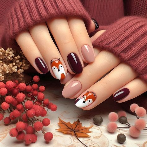 Nail Art Fox Design, Fox Nails Designs, Nail Design Orange, Fox Nail Art, Nail Ideas Autumn, Autumn Nail Trends, Autumn Nail Designs, Cute Foxes, Fox Nails