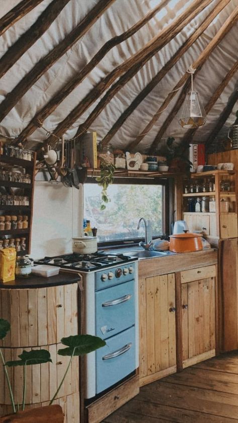 Small Yurt Interior, Yurt Kitchen Ideas, Off Grid Yurt, Yurt Design Ideas, Yurt Living Interior Design, Yurt Interior Design, Yurt Decor, Yurt Kitchen, Yurt Loft