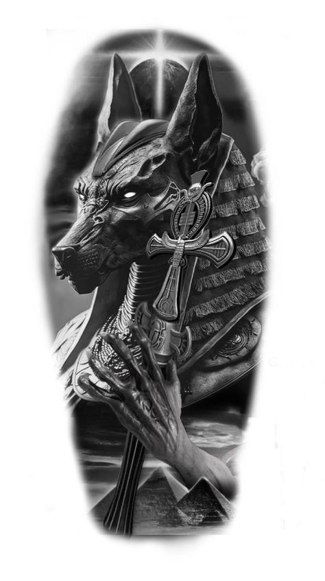 Realistic Egyptian Tattoo Design, Anubis Shoulder Tattoo, Egypt God Tattoo, Ancient Egyptian Tattoo Ideas, Anubis Tattoo Sketch, Eygptain Tattoos Design, Ancient Egypt Tattoo Design, Egyptian Sleeve Tattoo, Egyptian God Tattoo