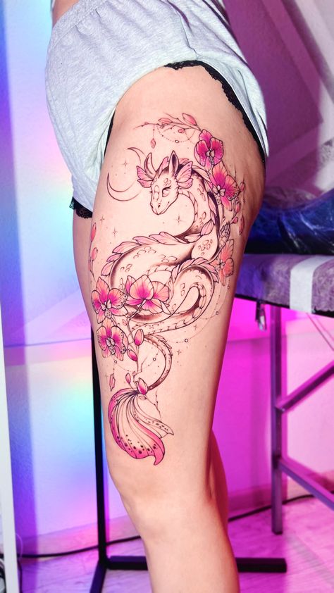 Pink Dragon Tattoo For Women, Colorful Dragon Tattoo, Outline Cat Tattoo, Dragon Thigh Tattoo, Simple Cat Tattoo, Dragon Tattoo Back, Blue Ink Tattoos, Dragon Tattoo Arm, Line Art Simple