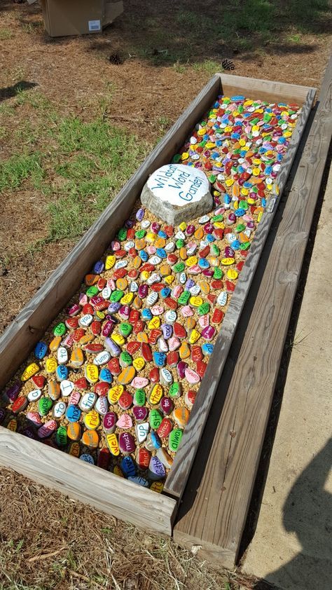 Displaying Painted Rocks, School Rock Garden, Kids Rock Garden, Stem Playground, Kindness Rock Garden, Painted Rocks For Garden, Friendship Bench, Garden Markers Rock, Painted Rock Garden