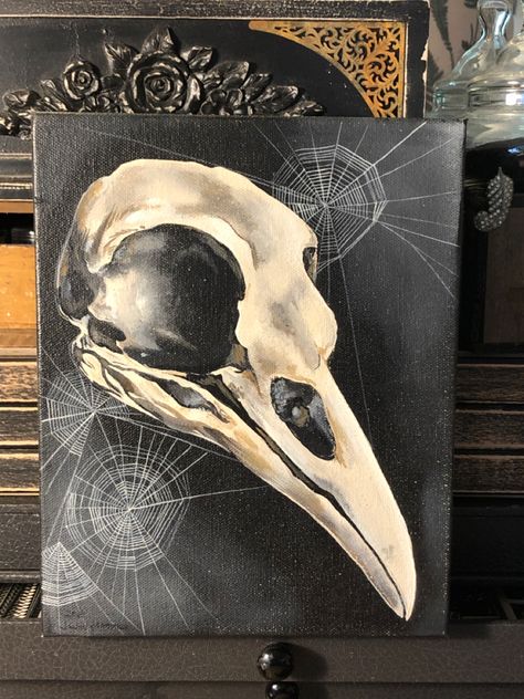 Raven skull Gothic Painting Ideas, Crow Skull, Raven Art, Hippie Painting, Raven Skull, Skull Painting, Canvas Painting Designs, Small Canvas Art, Diy Canvas Art Painting