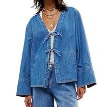 Long Sleeve Jean Jacket, Women Tie, Denim Crop Top, Women Y2k, Relaxed Jeans, Classic Jeans, Solid Clothes, Wide Sleeves, Cropped Denim