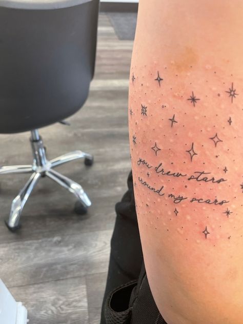 Taylor Swift Tattoo You Drew Stars, Stars Around Scar Tattoo Design, Timeless Taylor Swift Tattoo, Small Swiftie Tattoo, You Drew Stars Around Scars Tattoo Arm, Tattoos Around Scars, Taylor Swift Long Live Tattoo, Stars Around Scars, Tattoo For Scars