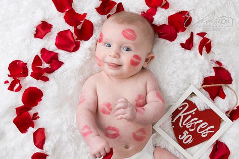 Valentine Photo Idea for a Baby Boy Baby Boy Valentine Pictures, Valentines Baby Photoshoot, Holiday Baby Pictures, Valentines Baby Photos, Valentine Minis, 3 Month Old Baby Pictures, Valentine Photos, Rose Pedals, Red Lipstick Kisses