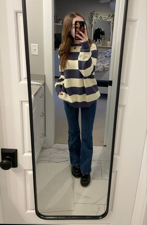 Styling Brianna Sweater, How To Style Platform Dr Martens, Agatha Jeans Outfit, Brianna Striped Sweater, Outfit With Striped Sweater, Fall Clothes School, How To Style Brianna Sweater, Brandy Melville Striped Sweater Outfit, Agatha Jeans Brandy Melville