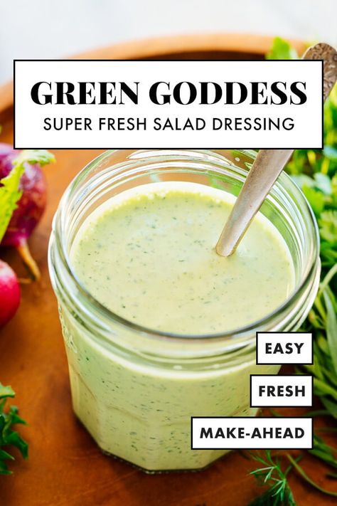 This homemade green goddess dressing is so easy to make! It's creamy, fresh, completely delicious—and a great way to use up your leftover leafy herbs! #greengoddess #salad #dressing #healthy #cookieandkate Green Goddess Dressing Recipe, Healthy Dressing Recipes, Goddess Dressing Recipe, Green Goddess Salad Dressing, Dressing Recipes Thanksgiving, Dressing Healthy, Completely Delicious, Cookie And Kate, Salad Dressing Recipes Healthy