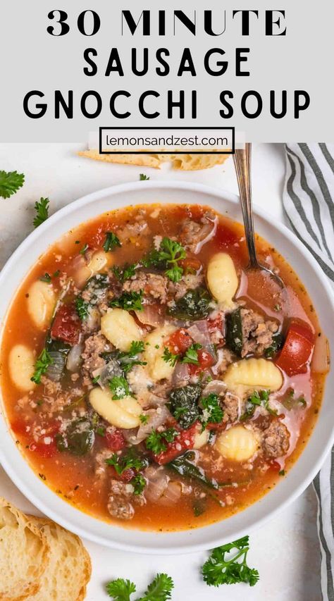 30 Minute Sausage Gnocchi Soup Italian Sausage And Gnocchi, Sausage And Gnocchi Soup, Sausage Gnocchi Soup, Sausage Gnocchi, Sausage Spinach Pasta, Turkey Italian Sausage, Gnocchi Recipes Soup, Soup For Dinner, Italian Seasonings