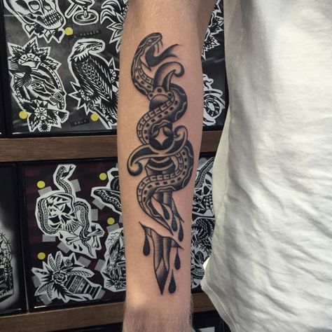 Heart Dagger Tattoo, Rose And Dagger Tattoo, Snake And Dagger Tattoo, Traditional Dagger Tattoo, Traditional Black Tattoo, Luck Tattoo, Around Arm Tattoo, Knife Tattoo, Torso Tattoos