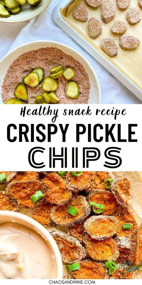 Healthy snack preparation showing dill pickle slices in breadcrumbs, a baking tray of unbaked chips, and golden crispy baked pickle chips—an ideal dill pickle appetizer recipe. What To Make With Pickles, Healthy Snacks Chips, Healthy Salty Snack Ideas, Pickle Snacks Ideas, Recipes With Pickles, Pickle Snacks, Healthy Salty Snacks, 2025 Recipes, Pickle Appetizers