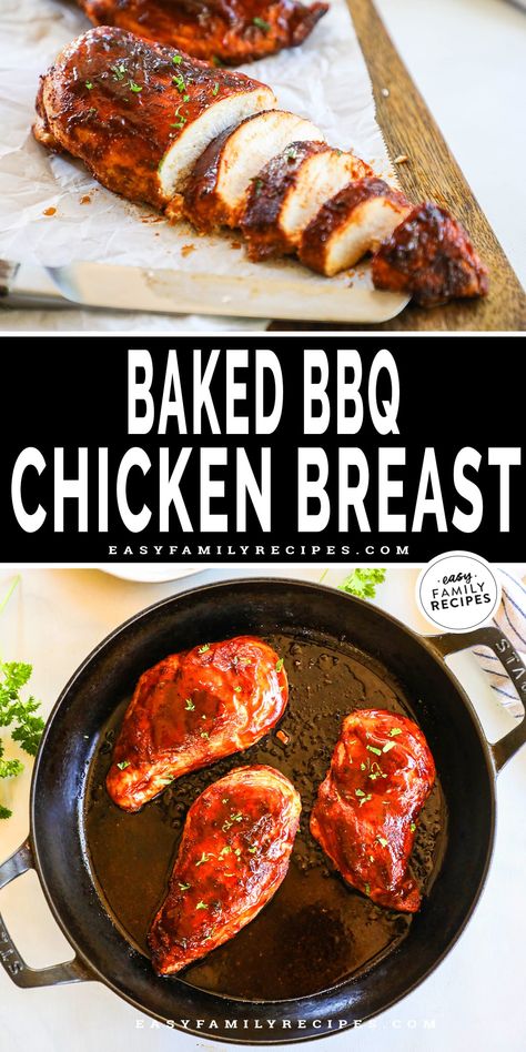 This 30 Minute Baked BBQ Chicken Breast is a summer recipe you can enjoy all year long! The chicken is slathered in a sweet, smoky, savory spice blend, covered in BBQ sauce, then baked until tender and juicy. Serve this Oven-Baked BBQ Chicken with any of your favorite summer side dishes. It's a meal that the whole family will love that takes just 5 minutes to prep. Serve this BBQ Oven Baked Chicken as is or shred it up and use it in another recipe! Oven Baked Bbq Chicken Breast, Baked Bbq Chicken Breast, Easy Baked Bbq Chicken, Bbq Baked Chicken Breast, Baked Bbq Chicken Recipes, Bbq Chicken Breast Recipe, Oven Baked Bbq Chicken, Chicken Breast Oven, Easy Bbq Recipes